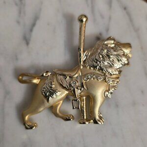 Vintage Carousel Lion Brooch Gold Tone Rhinestone Circus Animal Pin